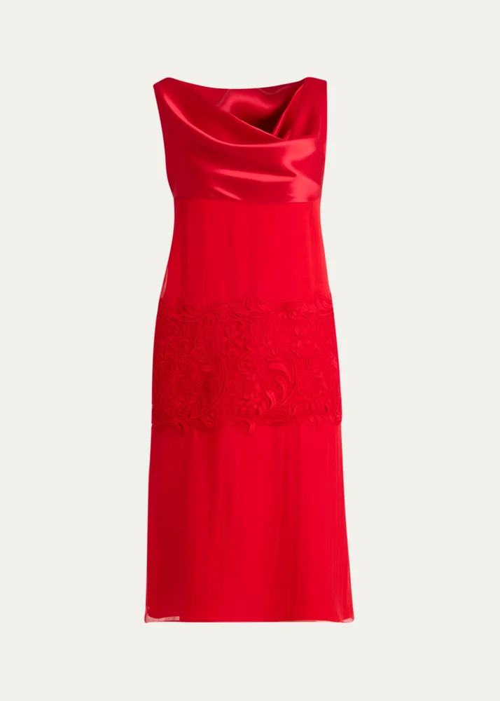 lace-Panel Silk Chiffon Midi Dress
