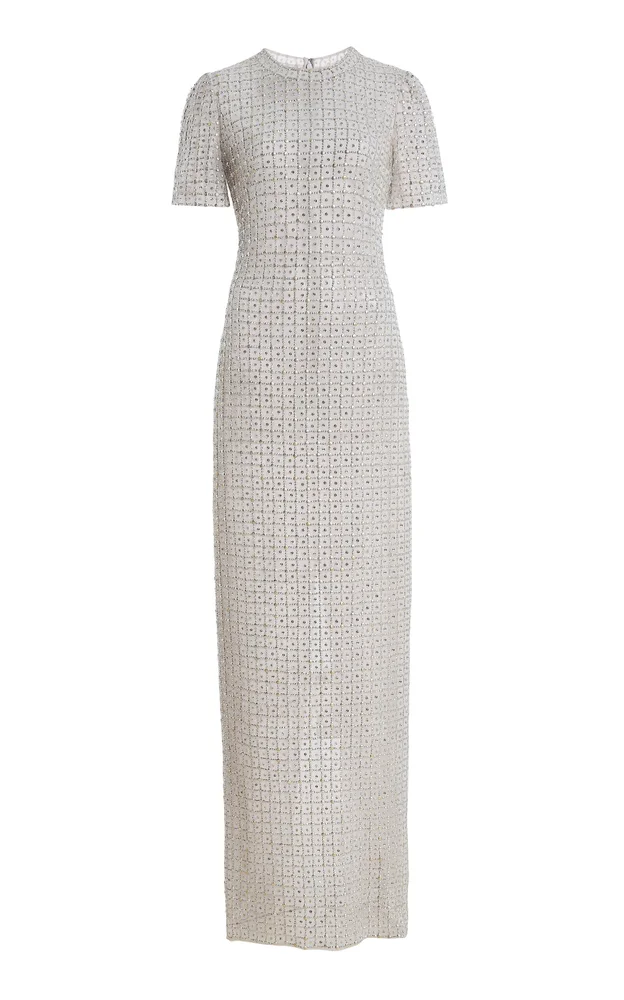 Embroidered Tulle Short-Sleeve Maxi Dress