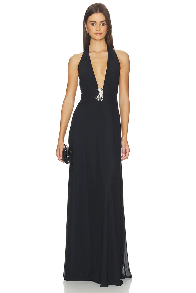 Plunge Neckline Mesh Halter Dress