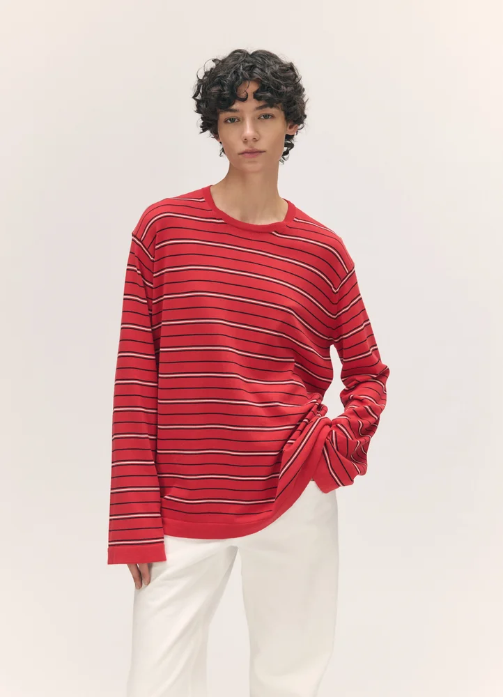 Long Sleeve Slouchy T-Knit, Red Stripe