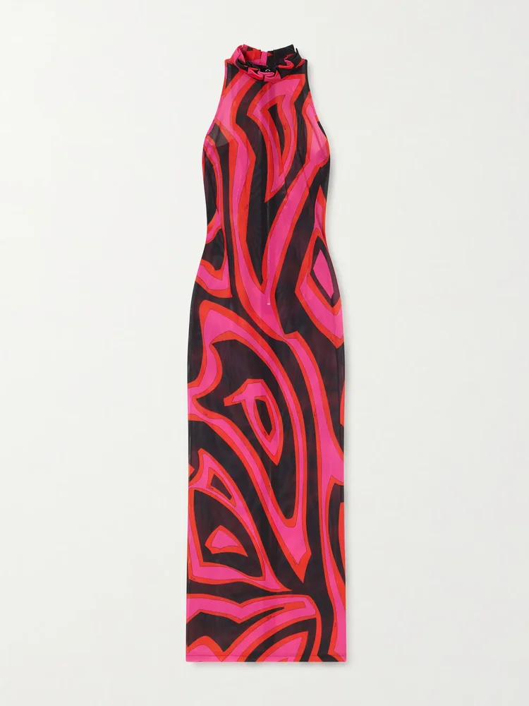 Printed mesh maxi dress