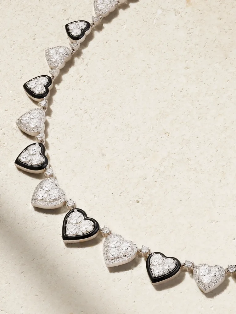 Heart 18-karat white gold, diamond and enamel choker