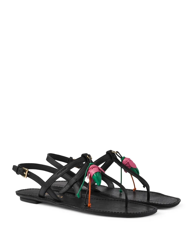 Antiqued Leather Thong Sandals with Floral Ornament