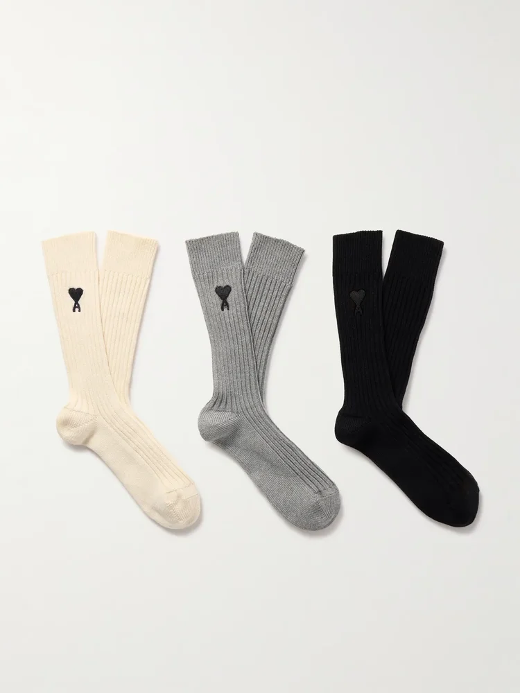 Three-Pack Logo-Embroidered Ribbed Cotton-Blend Socks