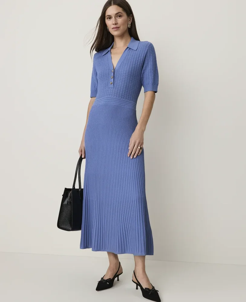 Pointelle Polo Midi Sweater Dress