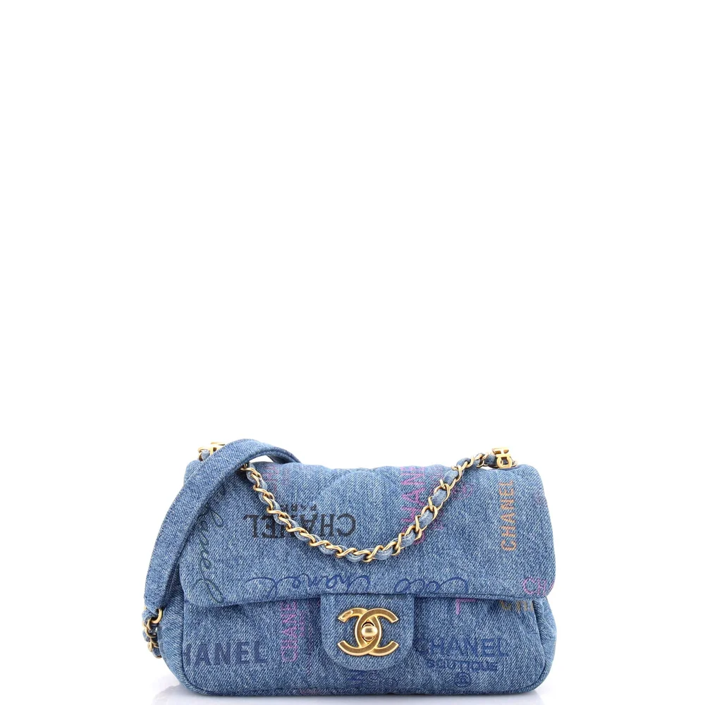 Pre-Owned Chanel Denim Mood Flap Bag Logo Printed Quilted Denim Small