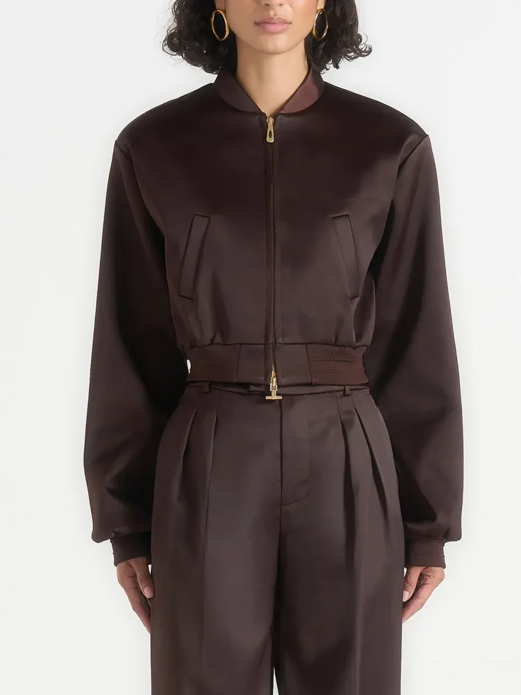 Monique Satin Wide Shoulder Bomber Jacket