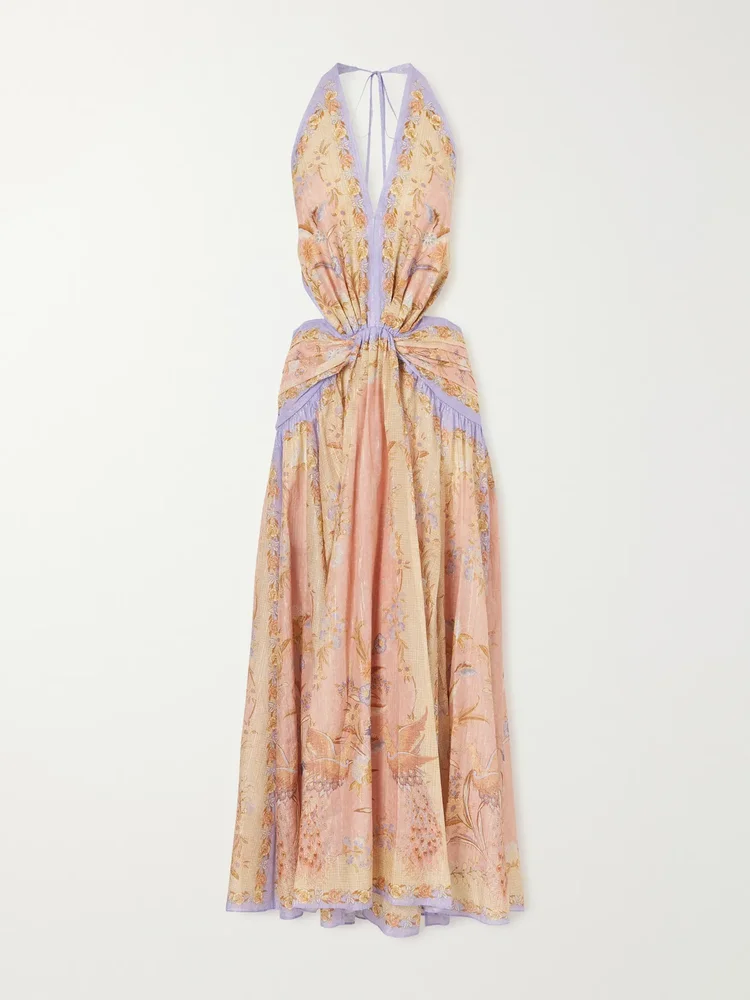 indra plunge printed metallic cotton and silk blend halterneck maxi dress