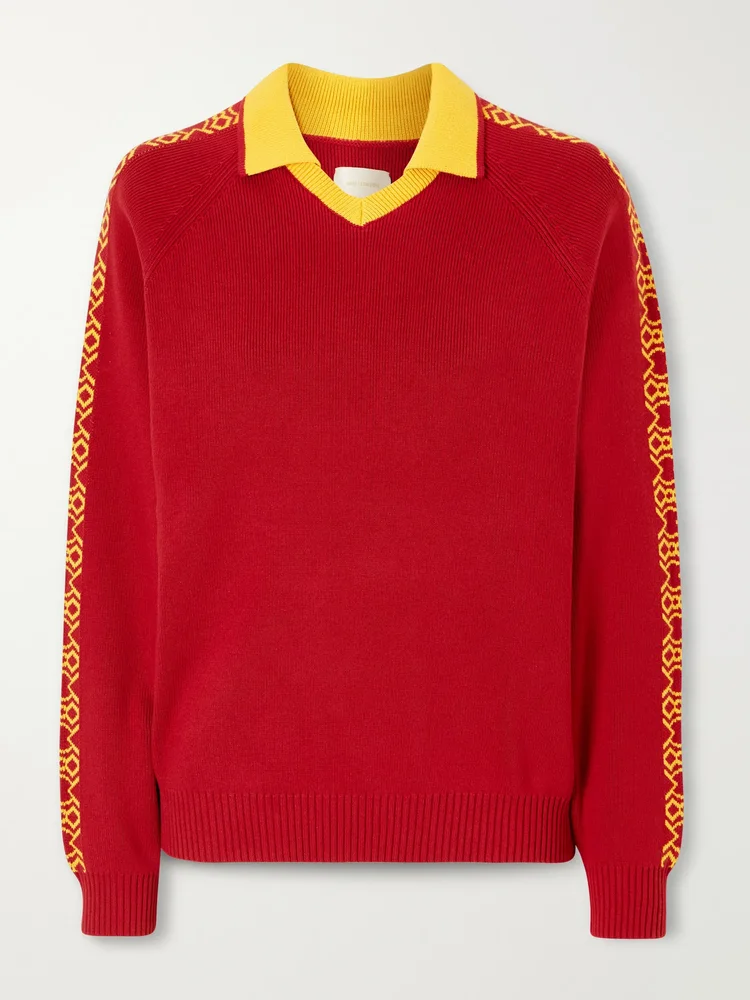 Ribbed-knit cotton polo sweater