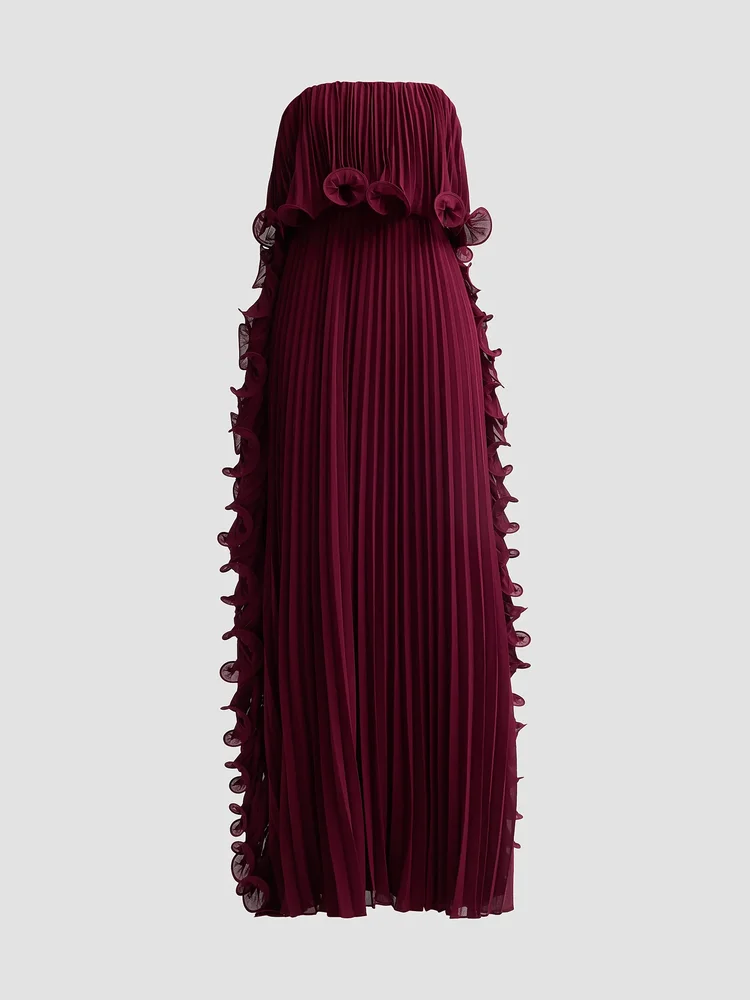 Ruffle Pleated Chiffon Strapless Gown