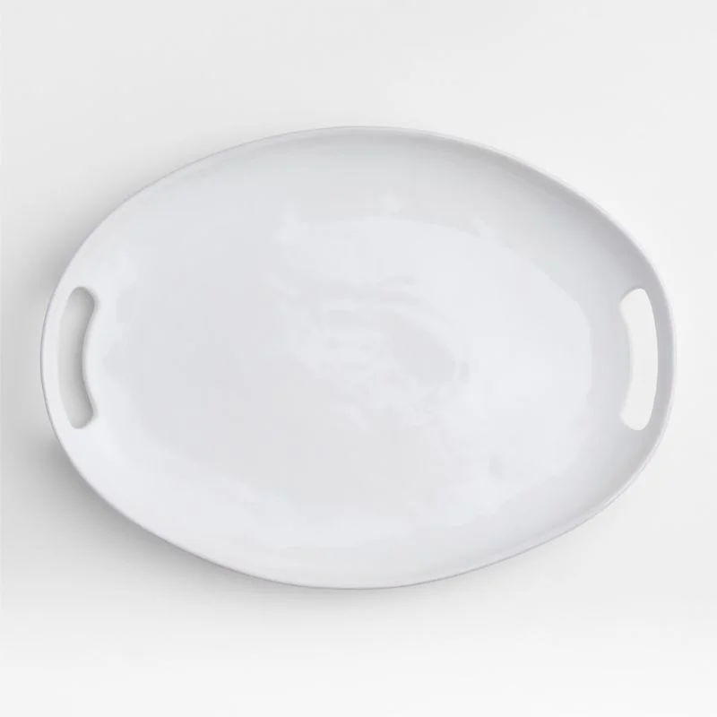 White 18" Oval Stoneware Serving Platter with Handles