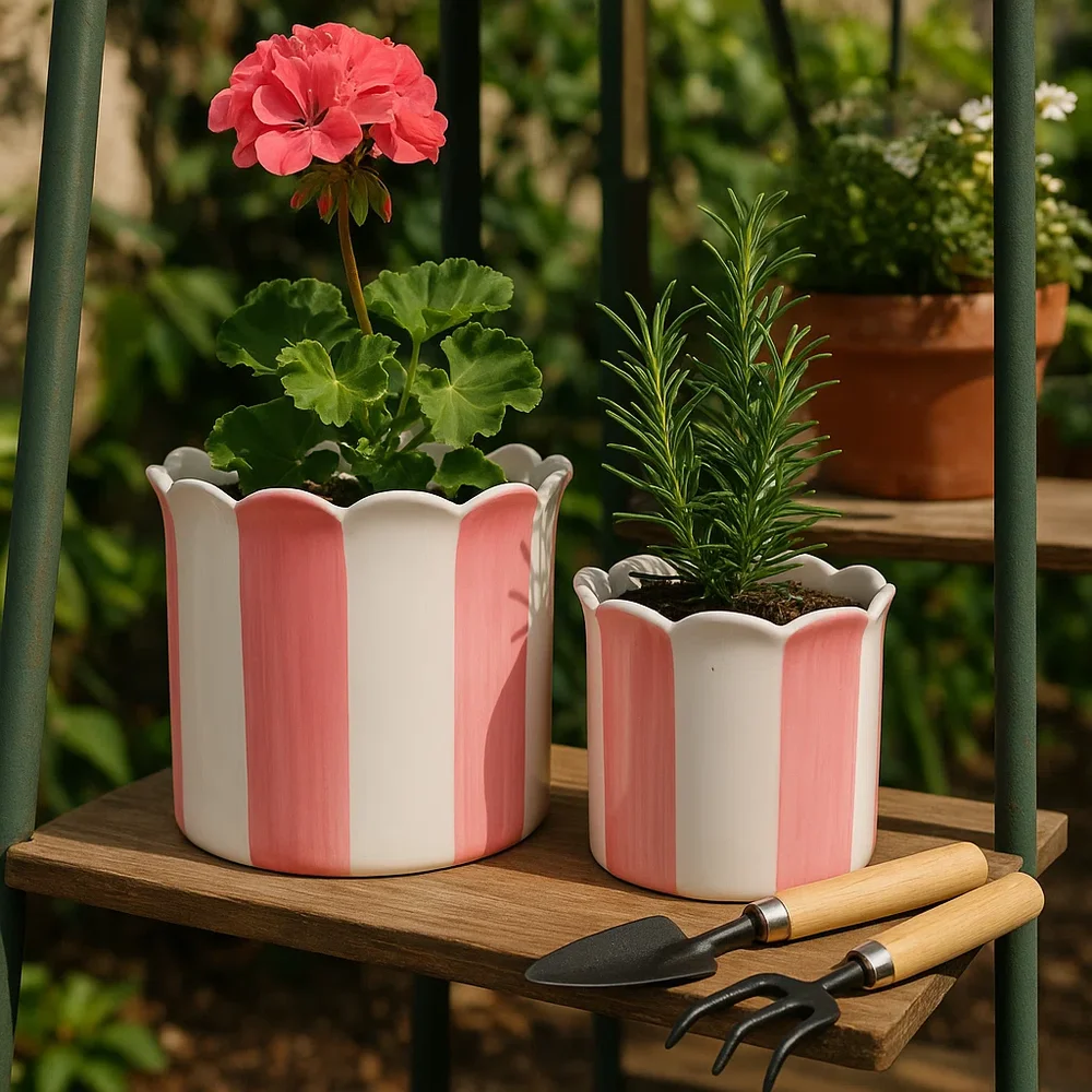 Ceramic Outdoor Planters, Striped Flower Pots With Scalloped Edge