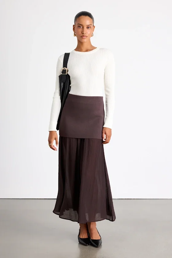 Taylee Brown Mixed Media Sheer Hem Maxi Skirt