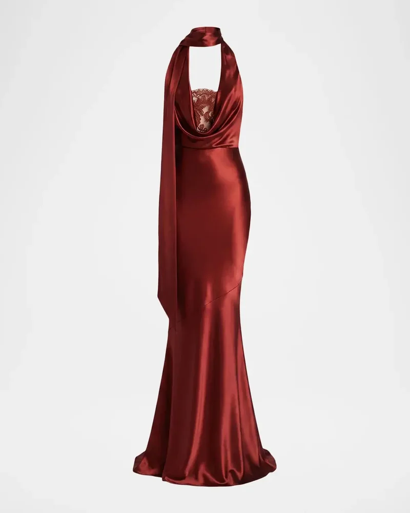 Melly Satin Lace-Trim Scarf Gown