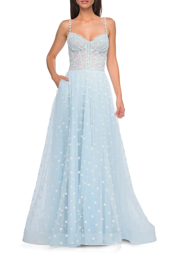 Polka Dot Tulle Prom Dress with Sheer Corset Top