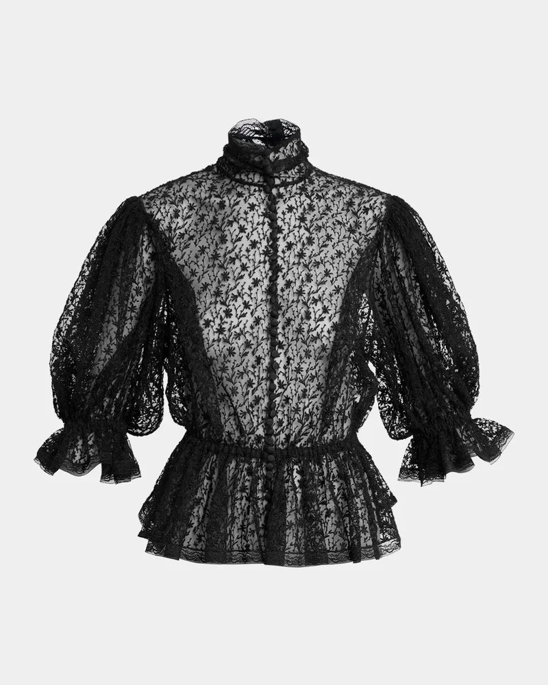 Floral Embroidered Tulle Puff-Sleeve Ruffle Peplum Blouse