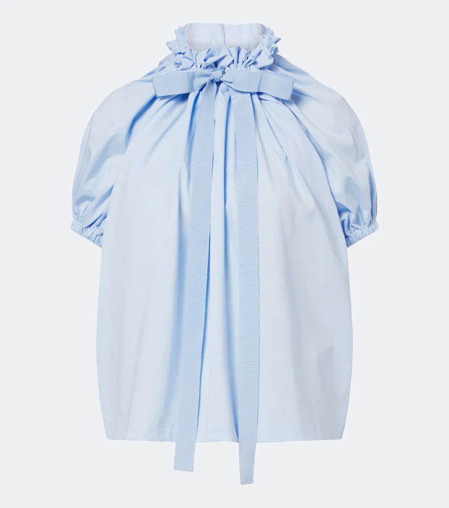 Bow-detail gathered cotton jersey top