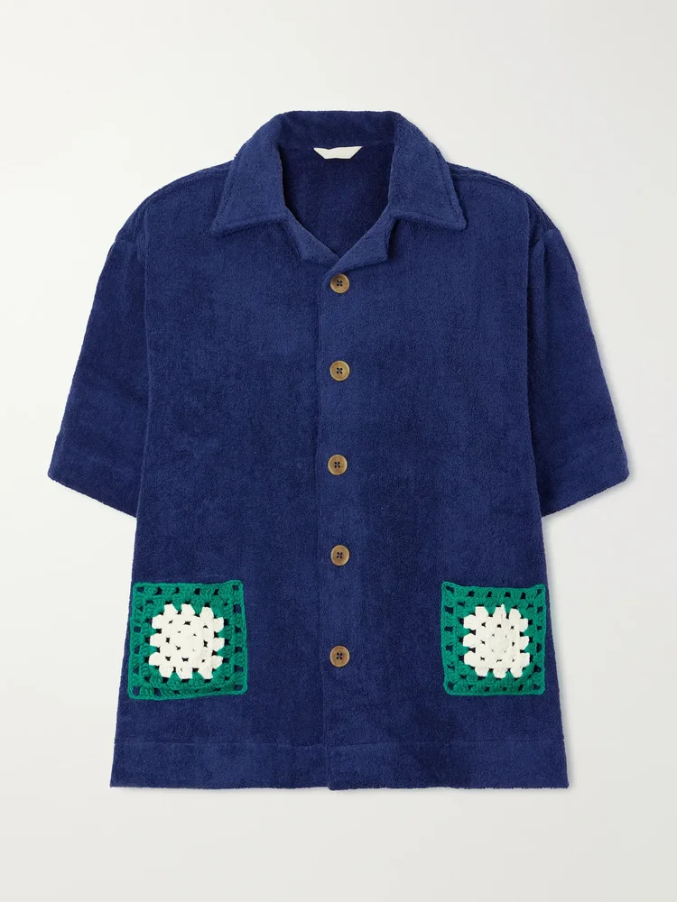 Boxy crochet-trimmed organic cotton-terry shirt