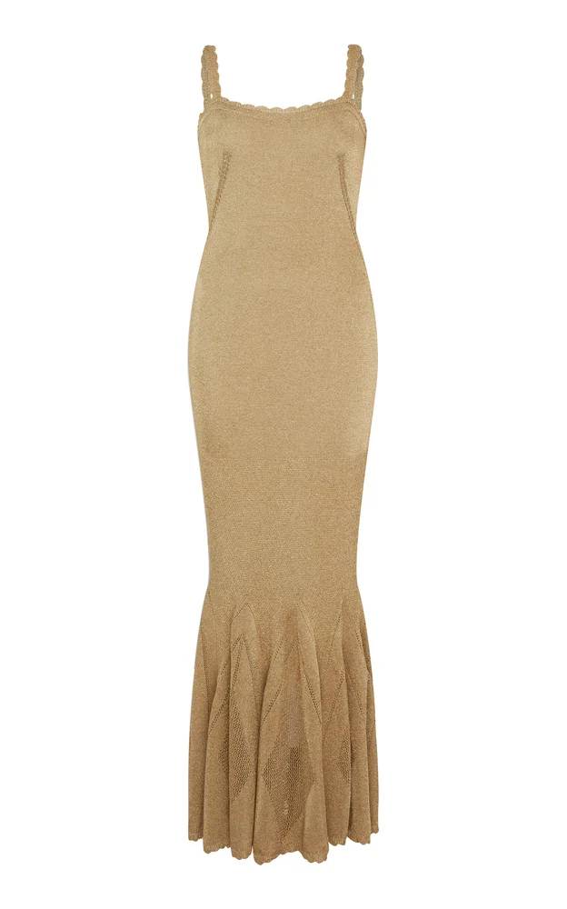 Exclusive La Isla Metallic-Knit Godet-Hem Gown