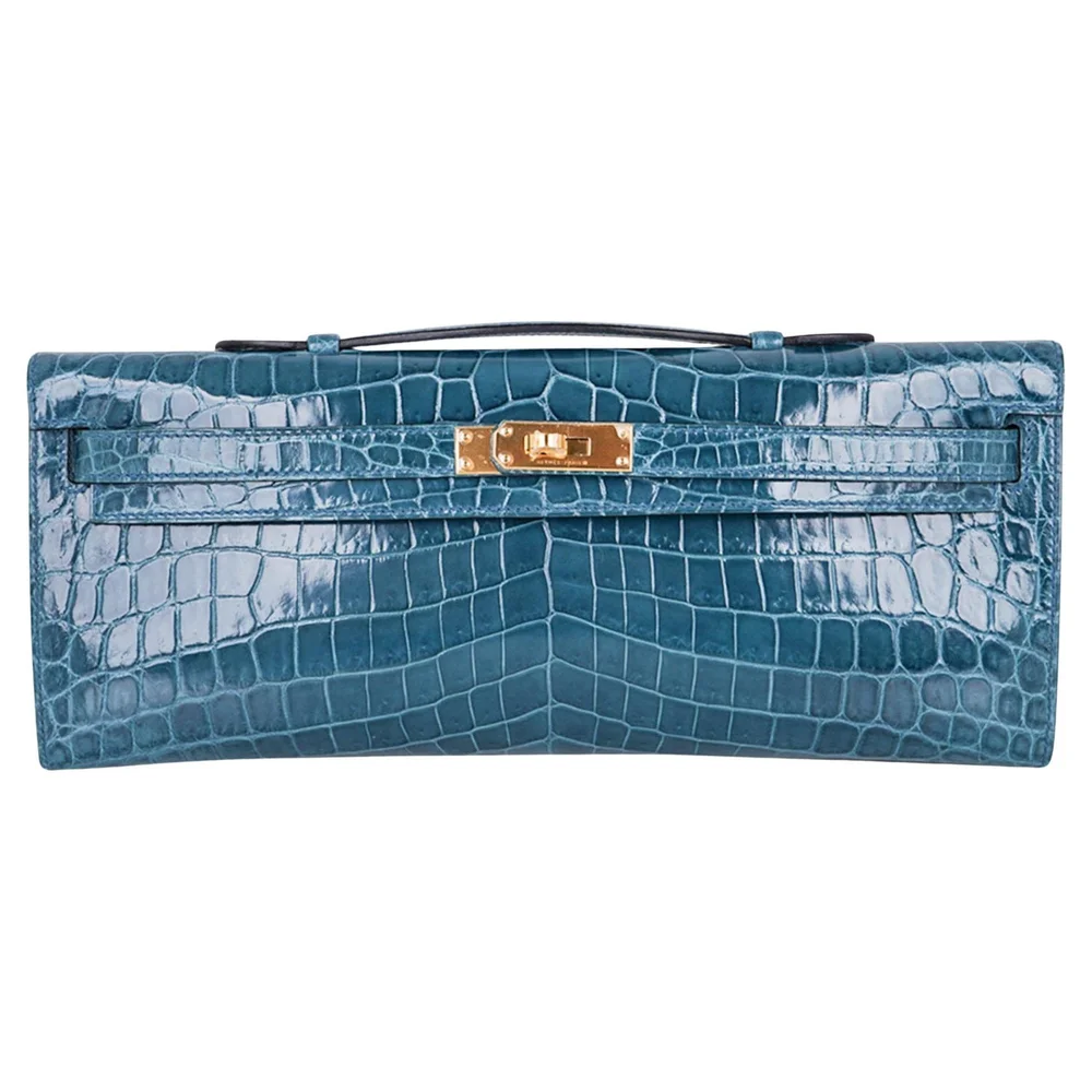 Pre-Owned Kelly Cut Clutch Bleu Colvert Crocodile, Gold Hardware