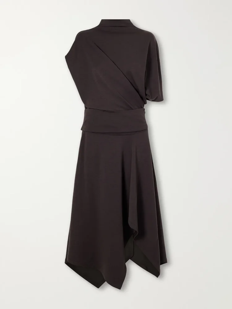 Twist asymmetric draped wool-blend jersey maxi dress