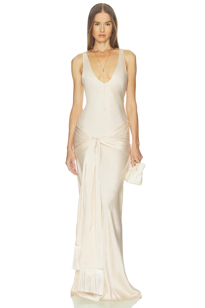 Satin Dress With Tie And Fringe