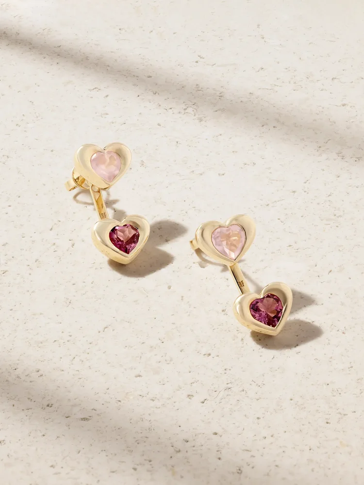 Two of Hearts 14-karat gold, rose quartz and tourmaline earrings