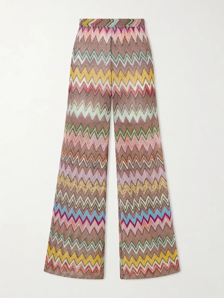 striped metallic crochet knit wide leg pants