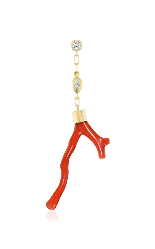 18K Yellow Gold Diamond And Coral Single Earring