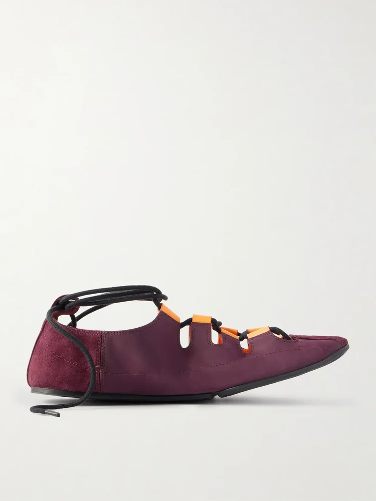 Suede-trimmed shell ballet flats