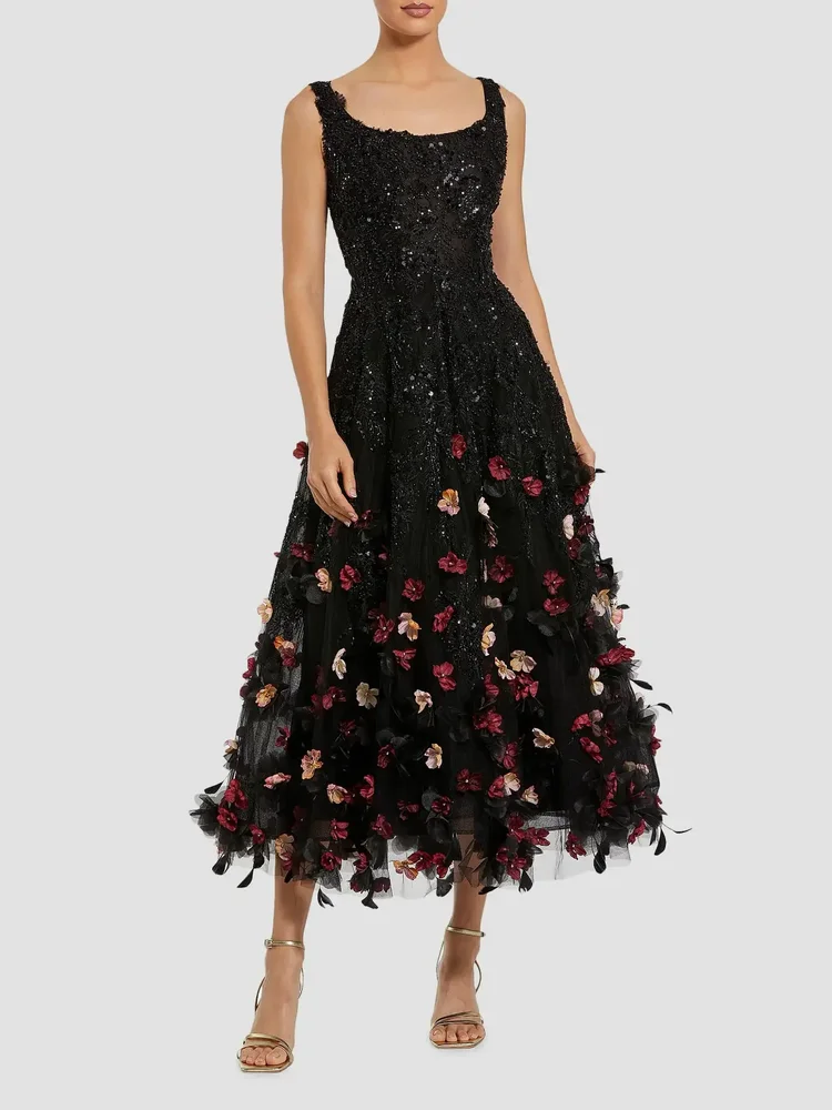 Sequined Floral Appliqué Cocktail Dress