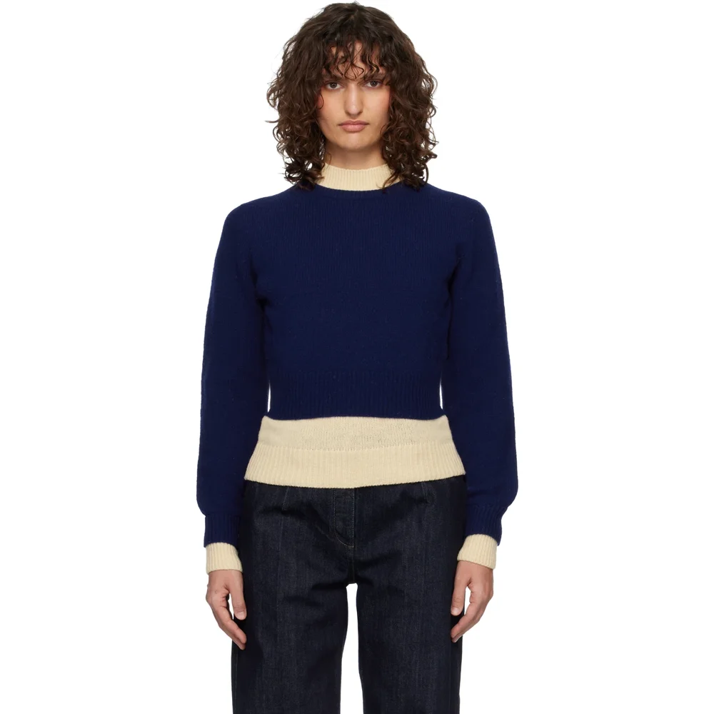 Blue & Off-White Wool Mock-Neck Sweater