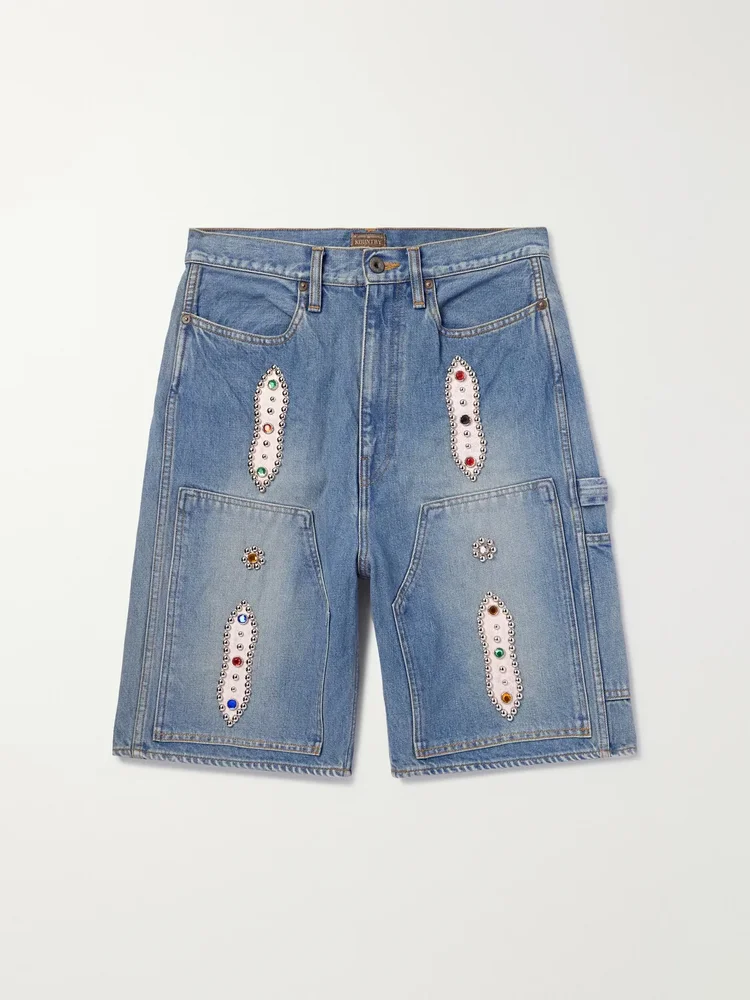 Straight-Leg Leather-Trimmed Embellished Denim Shorts