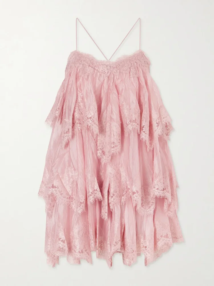Ophelia lace-trimmed crinkled-satin mini dress