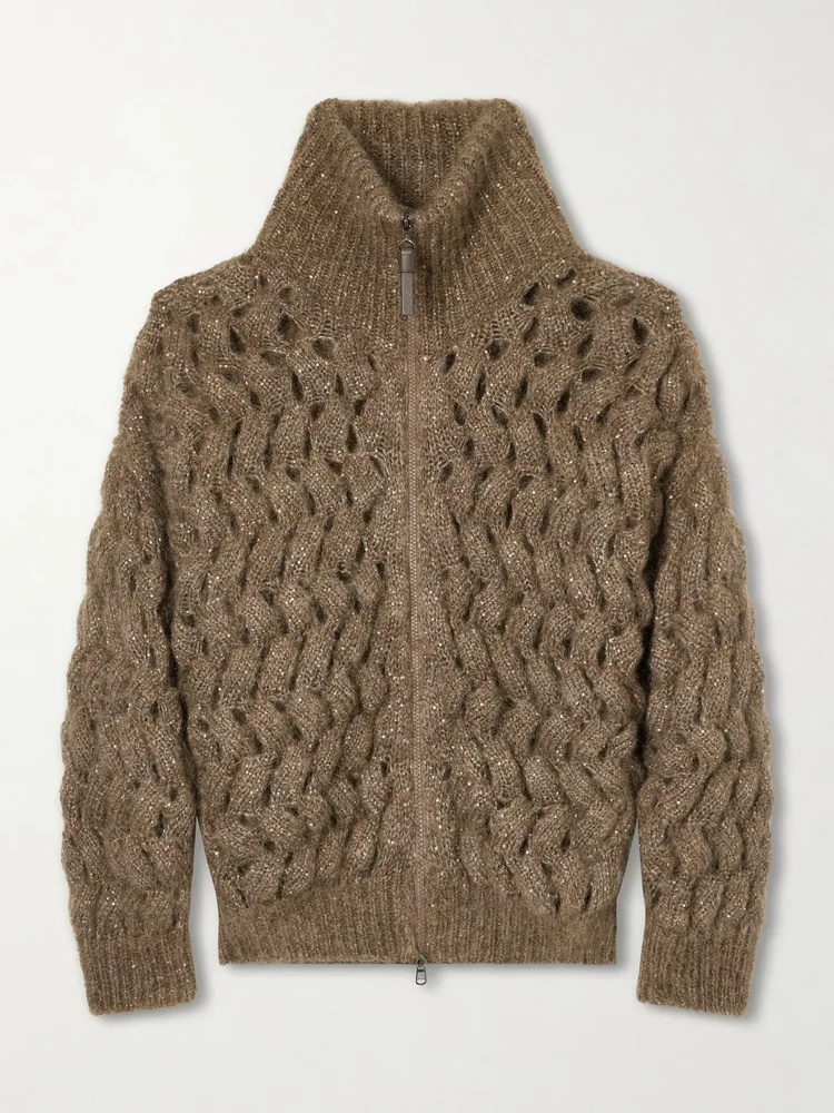 Sequin-embellished mohair-blend zip-up cardigan
