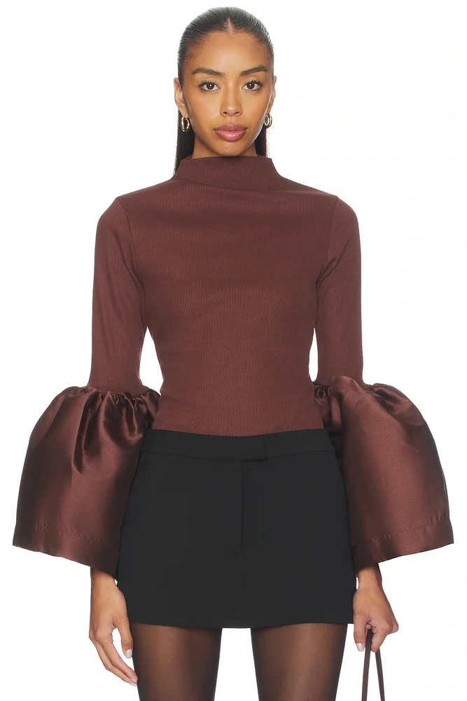 Heavy Satin Turtleneck Puff Sleeve Top