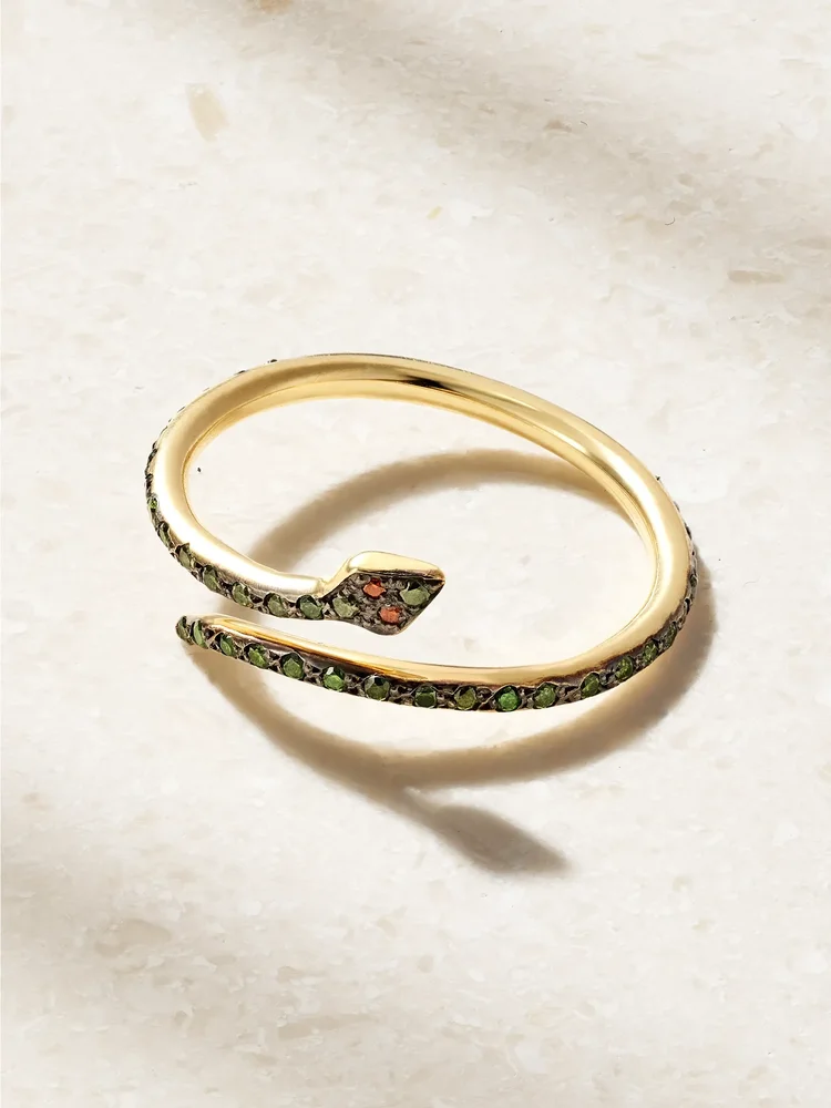 Small Python 18-karat gold green and burgundy diamond ring