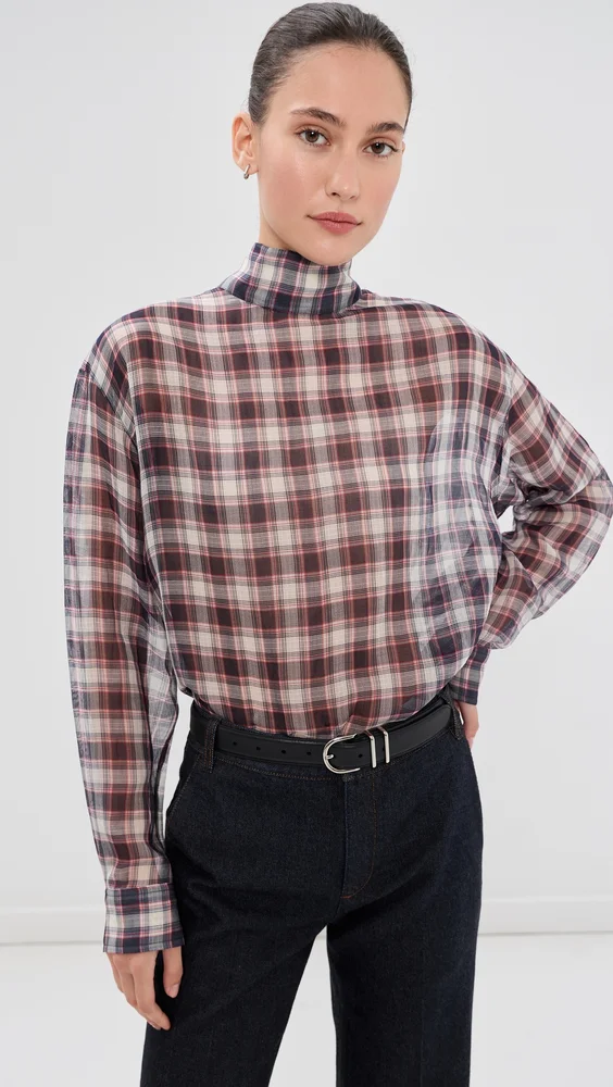 Silk Cotton Plaid Funnel Neck Shirt