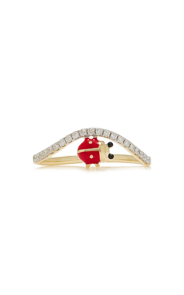 Mini Ladybug 9K Yellow Gold Diamond Wave Ring