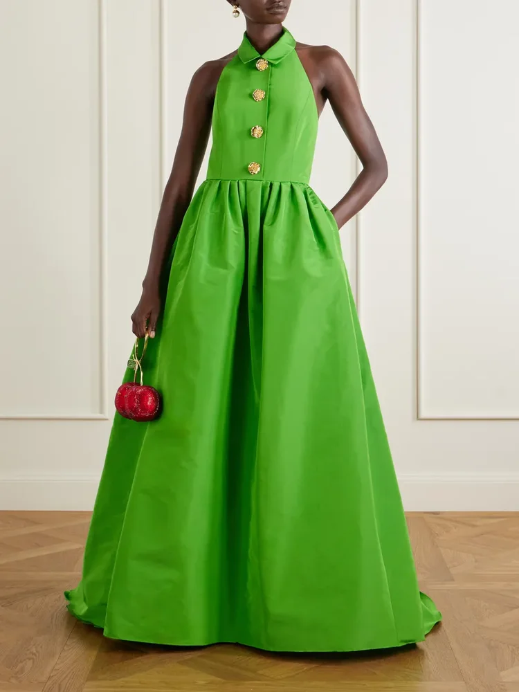 Halterneck embellished silk-faille gown
