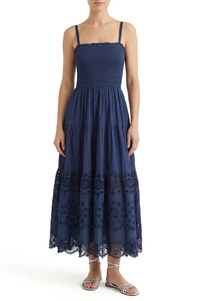 Kristen Sleeveless Smocked Eyelet Midi Dress