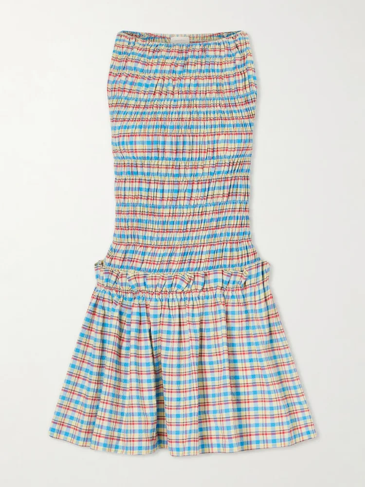 Gala shirred checked cotton-blend mini dress