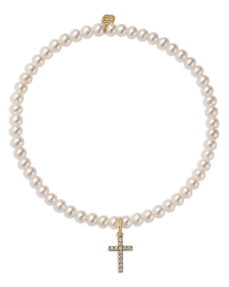14K Yellow Gold Diamond Small Cross Charm Freshwater Pearl Beaded Bracelet, 0.06 tcw