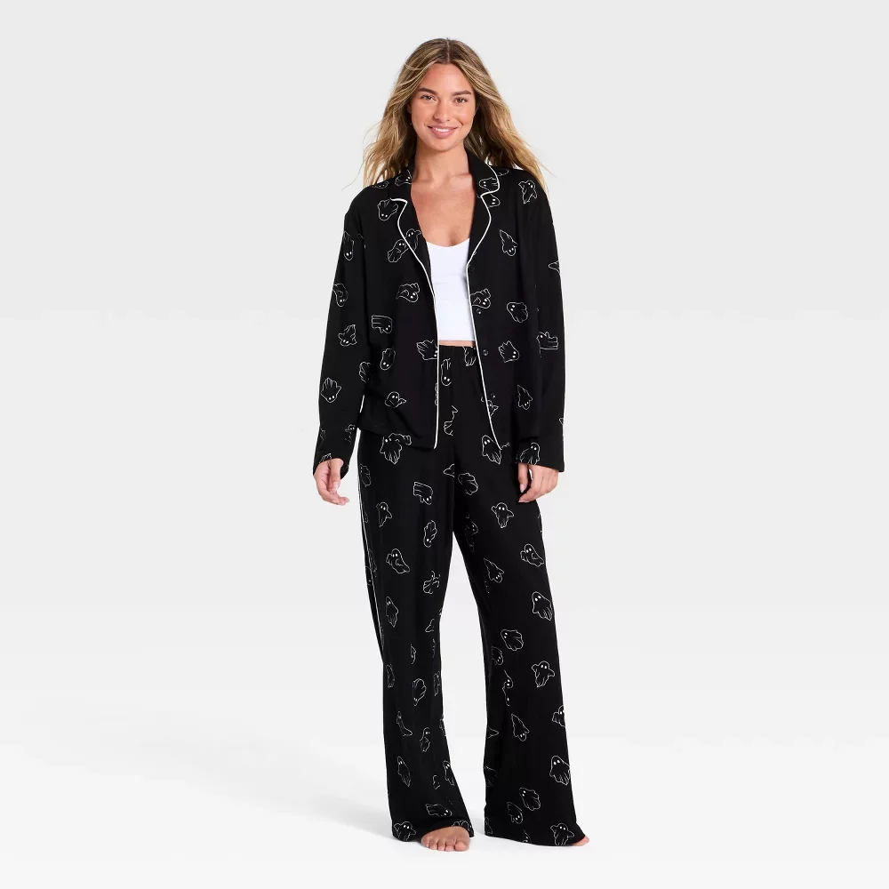 Women's Halloween Jersey Long Sleeve Notch Collar Top and Pants Pajama Set