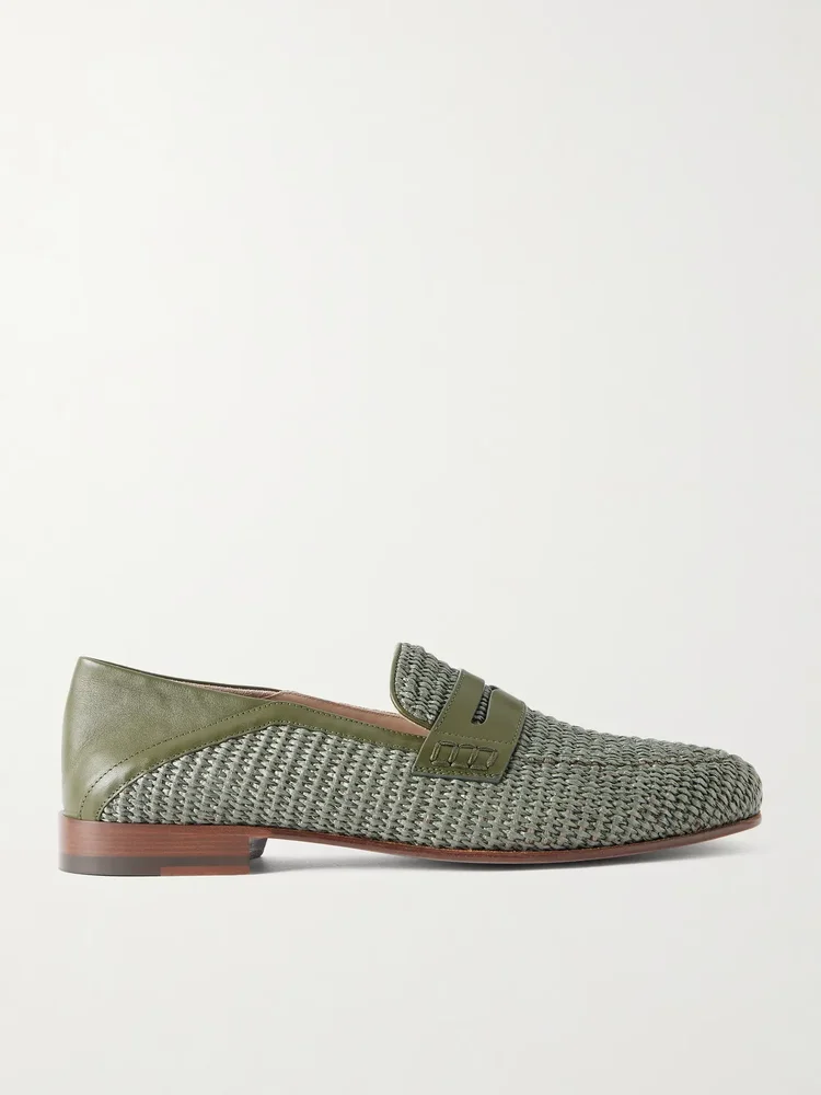 Padstow Collapsible-Heel Leather-Trimmed Raffia Loafers