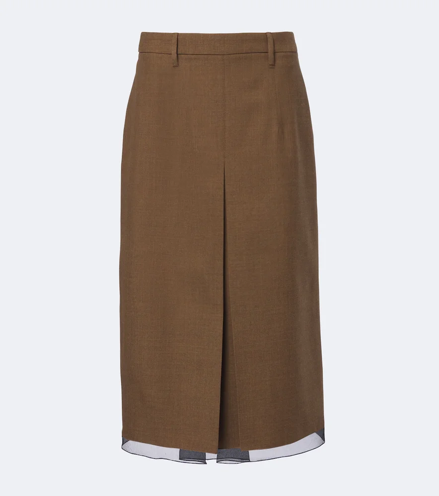 Chiffon-trimmed virgin wool midi skirt