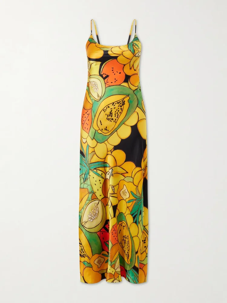 Frutas printed silk-blend satin maxi dress