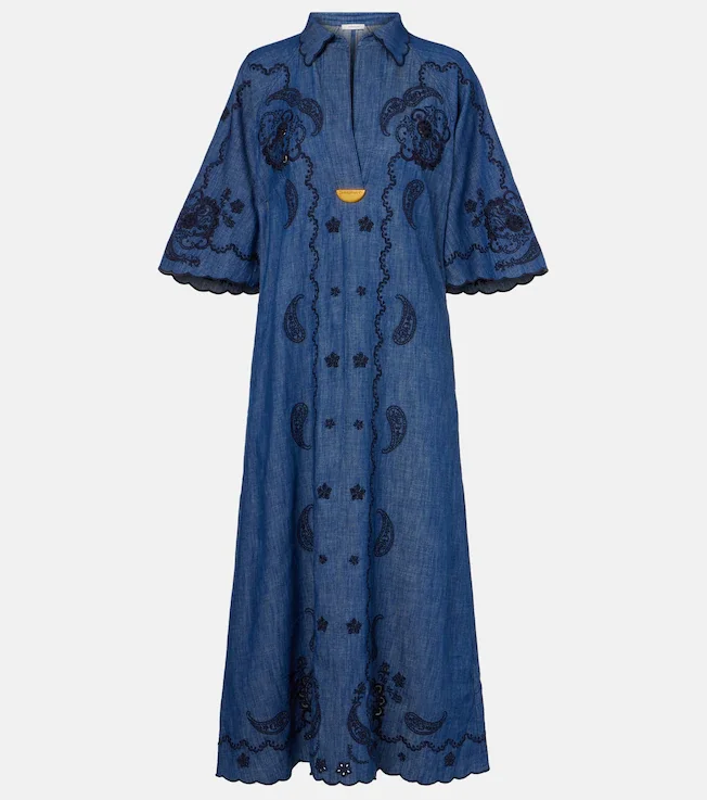Aster embroidered denim midi dress