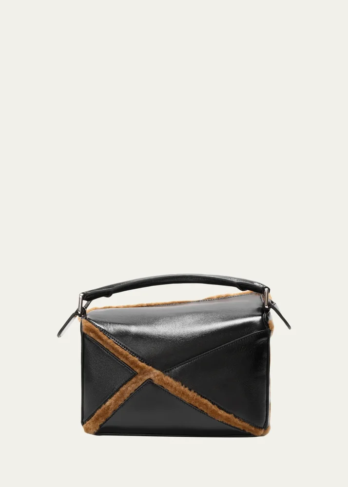Puzzle Aviator Shearling-Trim Top-Handle Bag