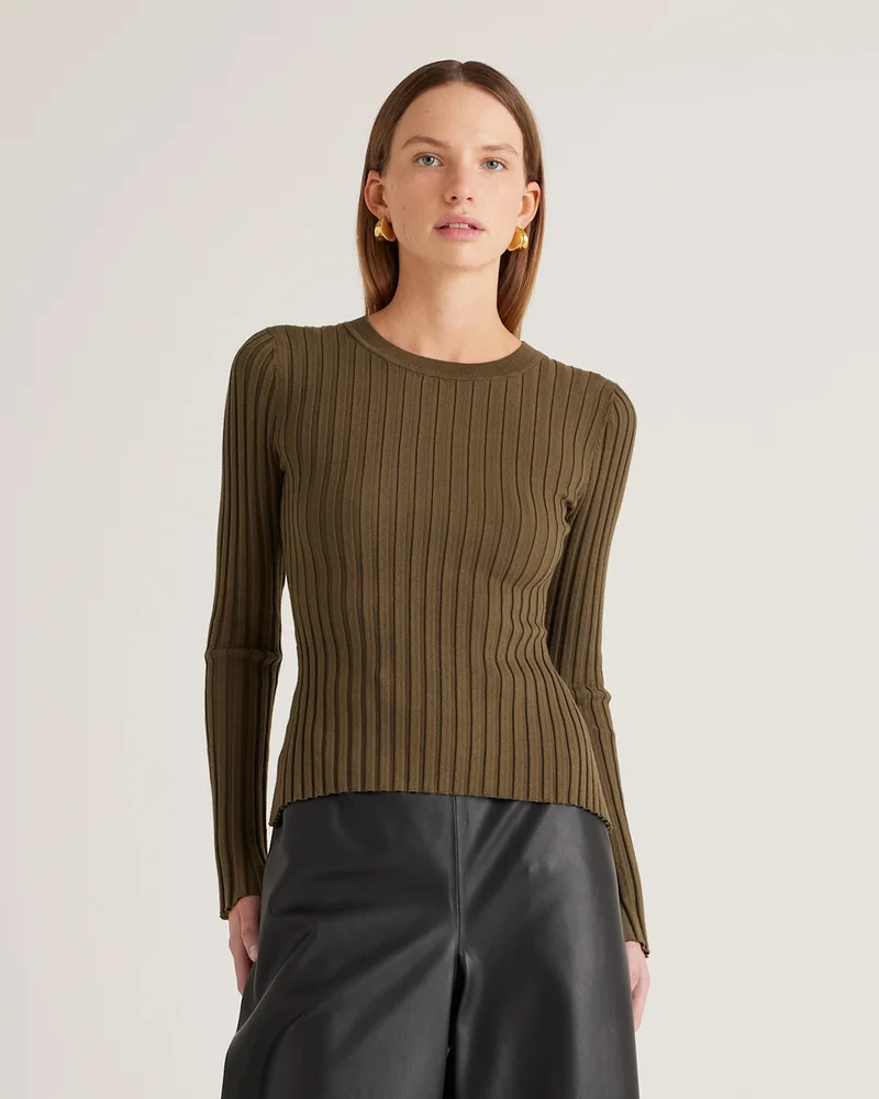 Cotton Cashmere Ribbed Long Sleeve Sweater in Olive